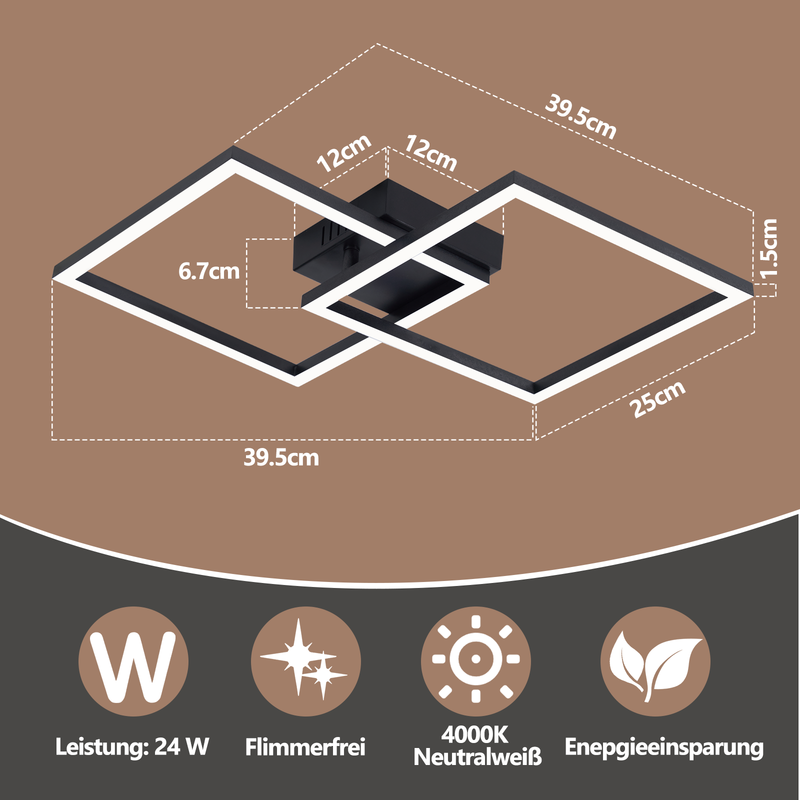 Technische Zeichnung einer modernen schwarzen LED Deckenleuchte mit Maßen und Icons für Leistung und Lichtfarbe.