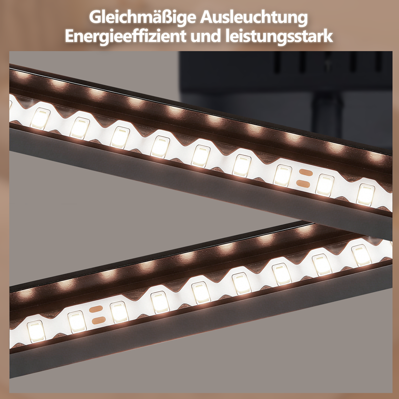 Nahaufnahme von zwei integrierten LED-Leuchtstreifen in dunklen Metallschienen, die gleichmäßig warmes Licht abgeben.