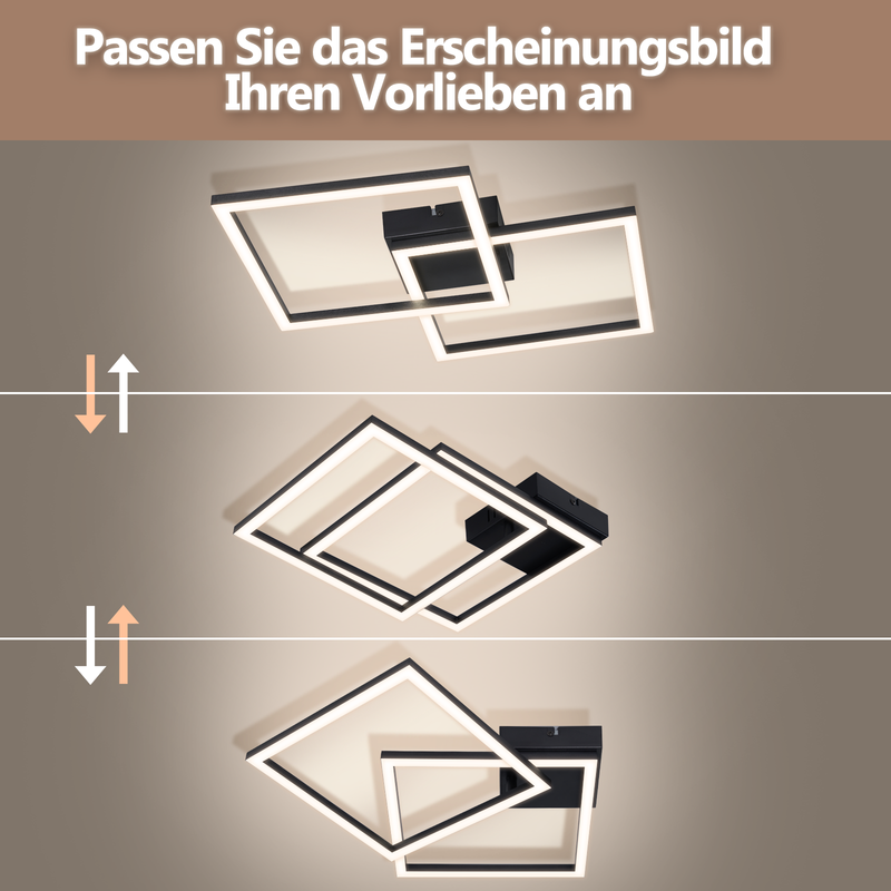 Drei quadratische, schwarze LED-Deckenlampen mit verstellbaren Elementen.