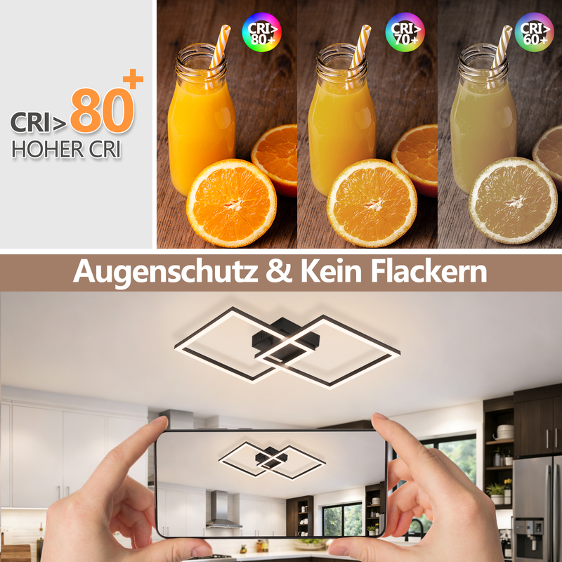 Vergleich von CRI-Farbwiedergaben bei Säften und eine quadratische LED-Deckenleuchte ohne Flimmern.