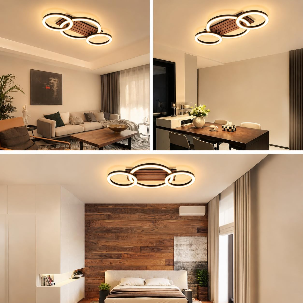 Eine Collage moderner Räume, beleuchtet von einer Deckenleuchte mit Holzdetails.