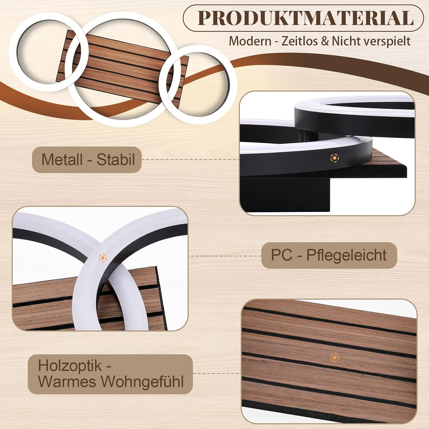 Produktmaterial Info mit stabilem Metall, pflegeleichter PC und warmer Holzoptik mit Ringen.