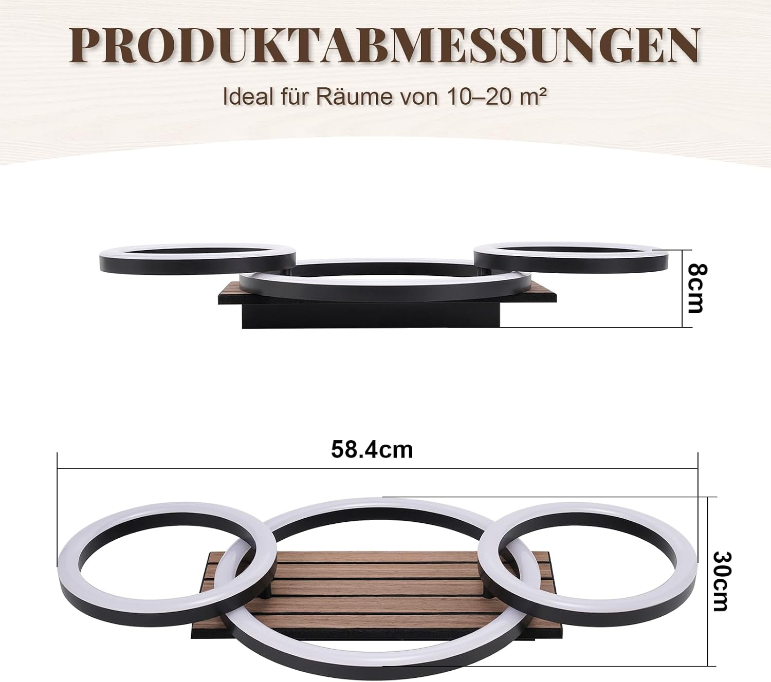 Technische Zeichnung einer modernen Deckenleuchte mit Maßen 58,4x30x8 cm für Räume von 10-20 m².