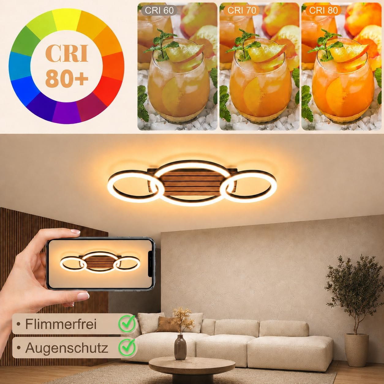 Vergleich der Farbgenauigkeit bei verschiedenem CRI; darunter ein modernes Deckenlicht im Wohnzimmer.