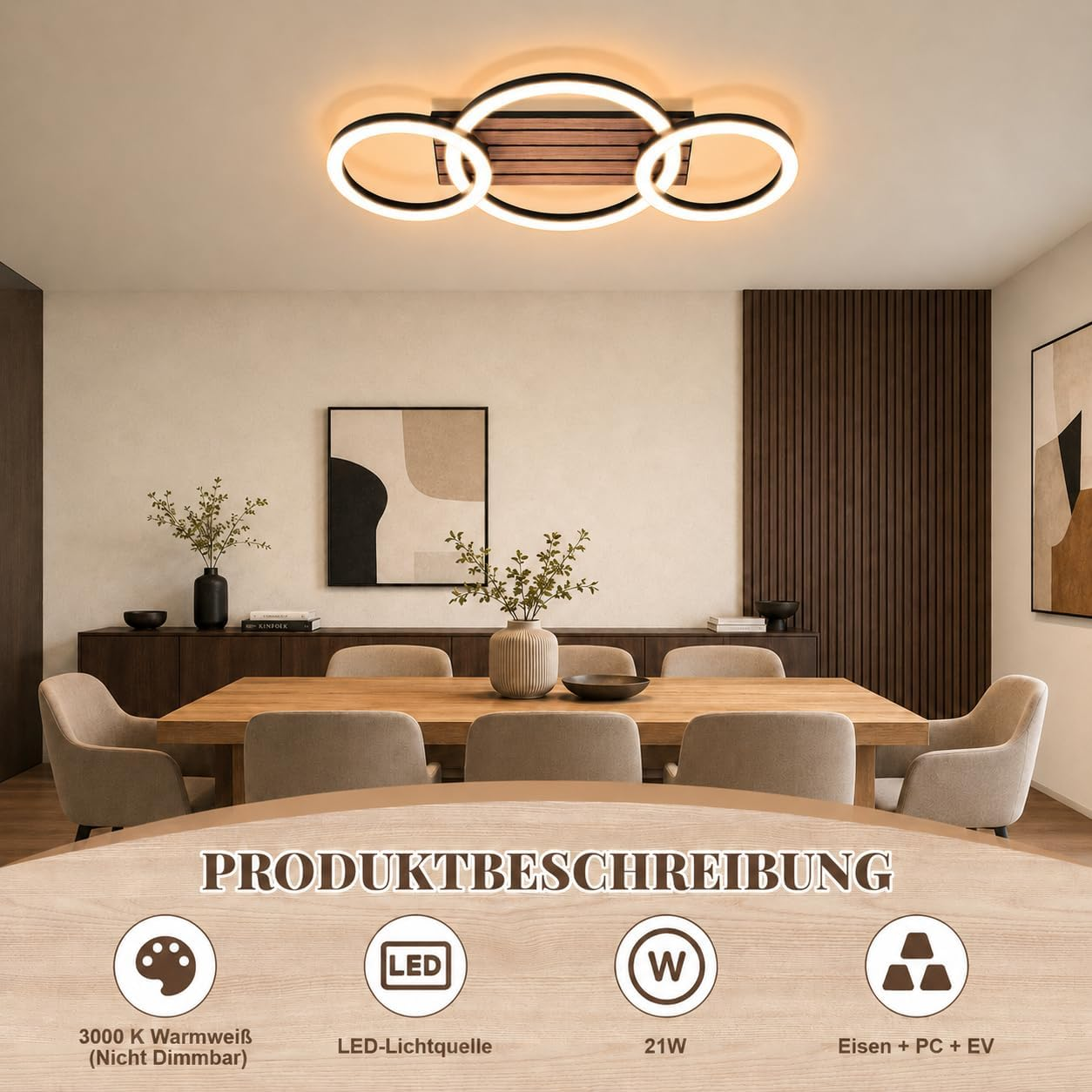 Moderne LED-Deckenleuchte über einem Holzesstisch mit Stühlen in einem eleganten Esszimmer.