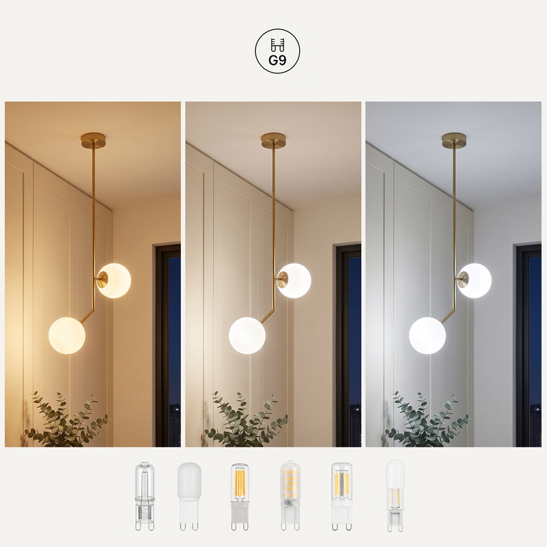 Drei Ansichten einer goldenen Hnge_leuchte mit zwei Glaskugeln und verschiedenen Lichtfarben.
