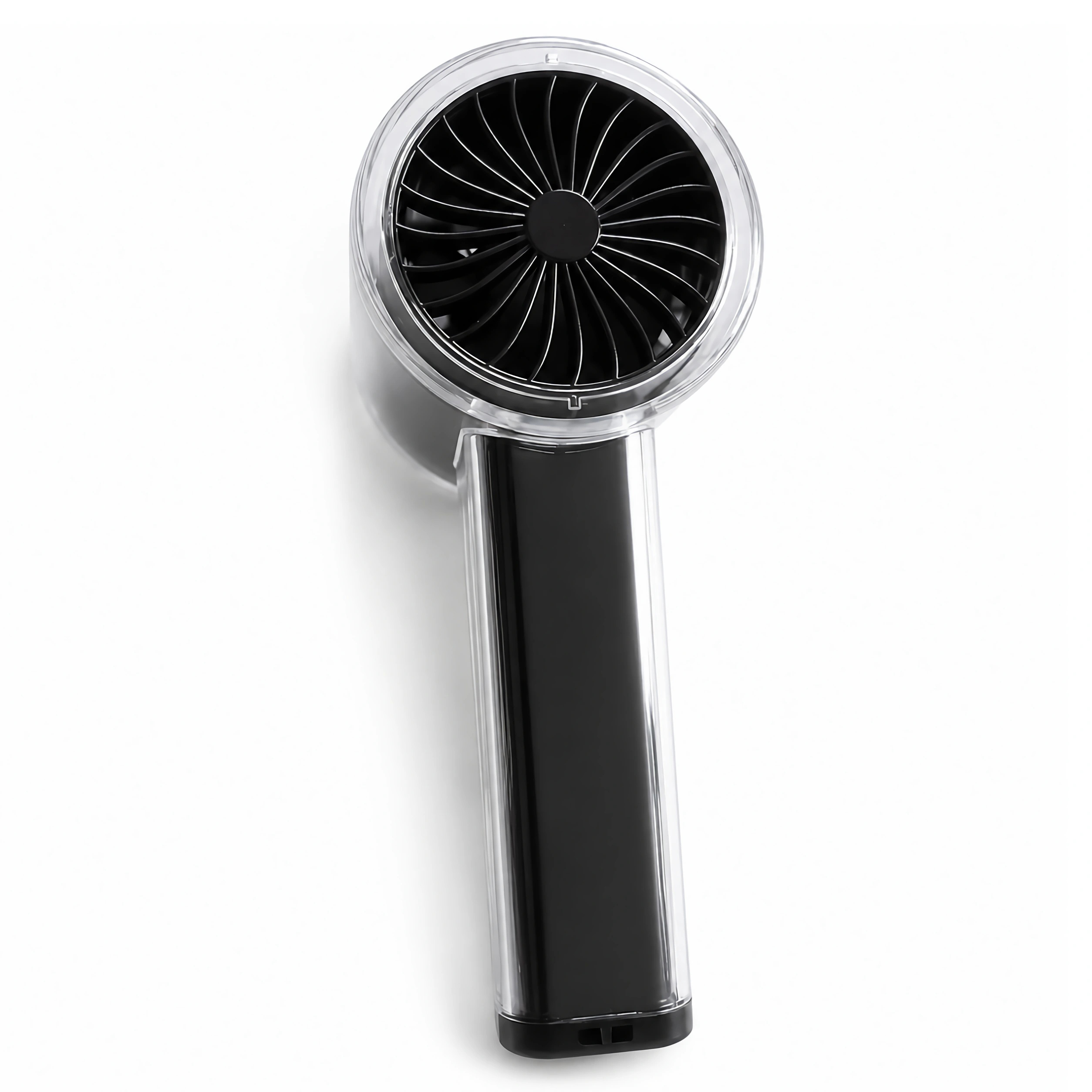 Ein tragbarer schwarzer Handventilator mit durchsichtigem Gehäuse auf weißem Hintergrund.