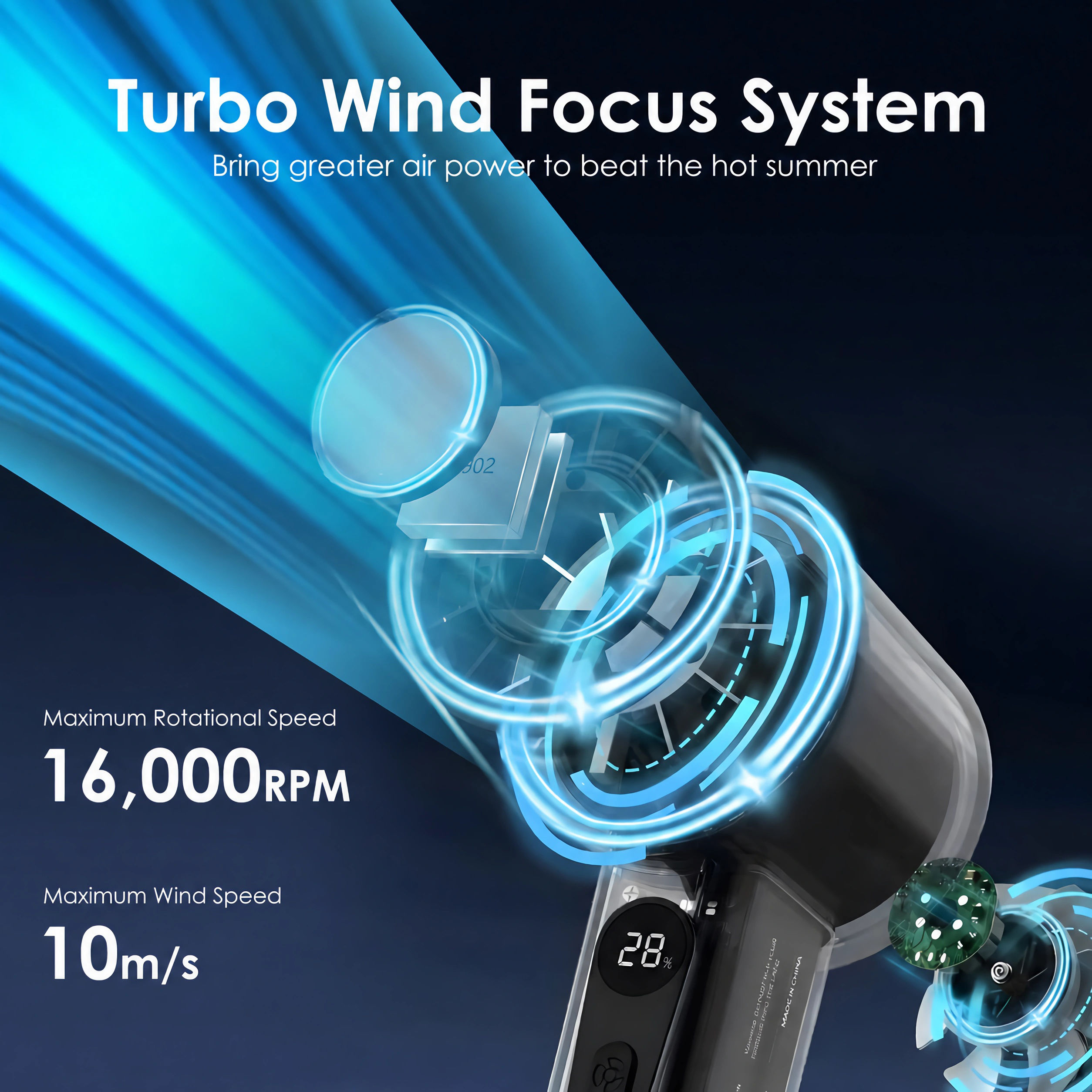 Turbowind-Fokussystem für den Föhn mit 16.000 U/min und 10 m/s Windgeschwindigkeit.