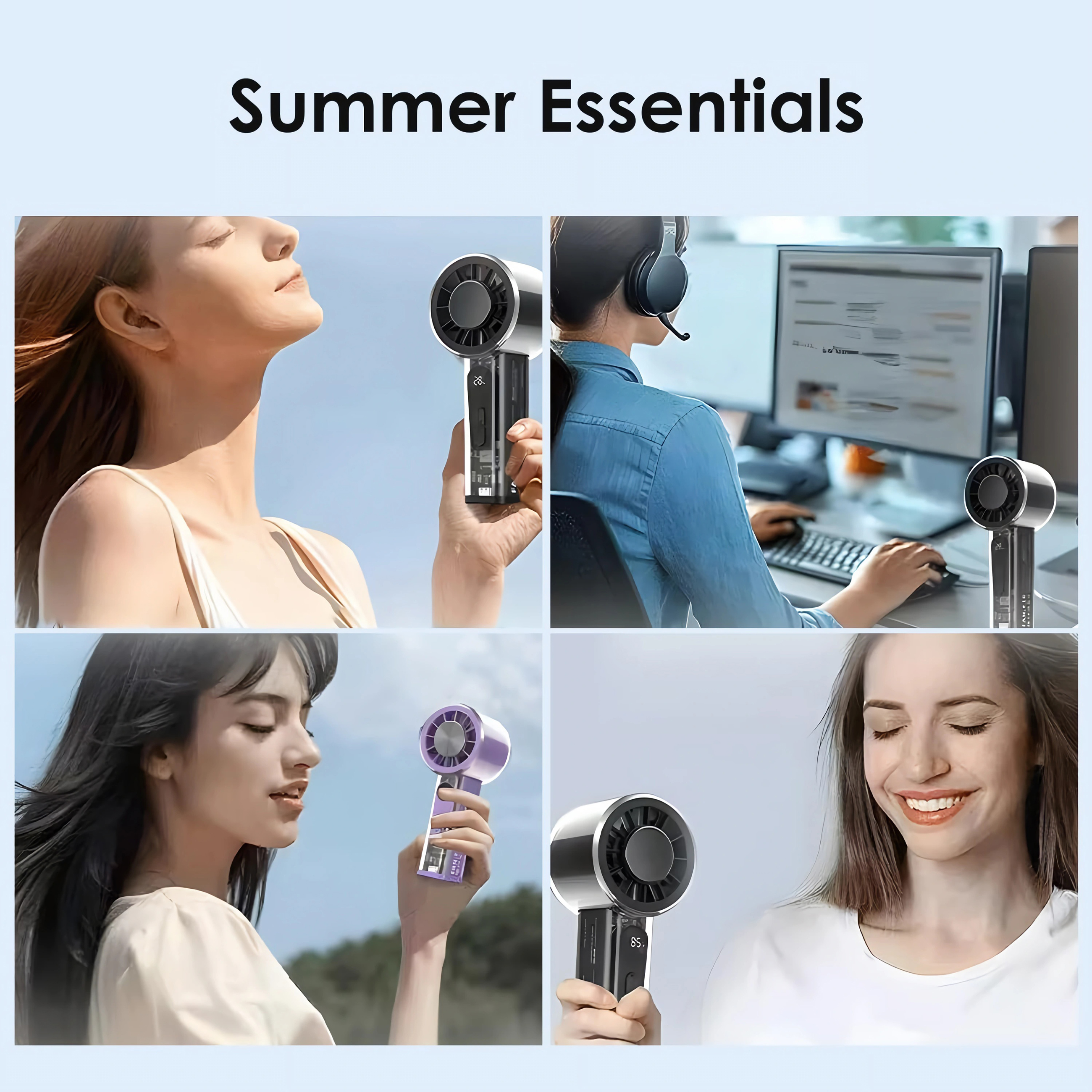 Vier Bilder von Personen, die tragbare Handventilatoren in verschiedenen Szenen nutzen, mit dem Titel Summer Essentials.