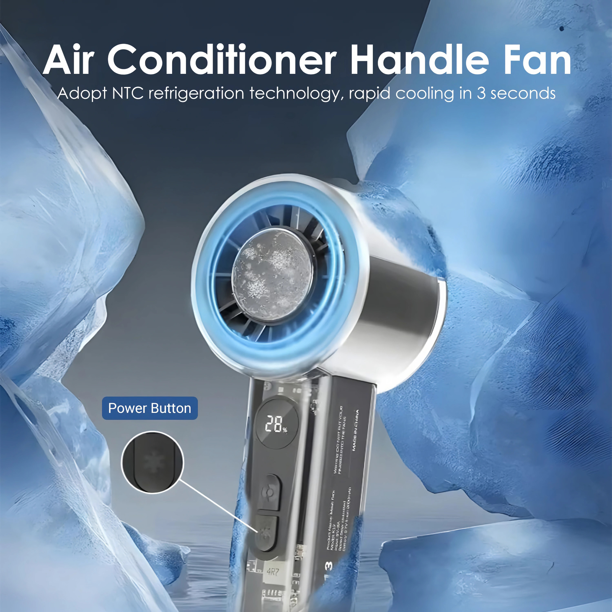 Ein Klimaanlagen-Handventilator mit Digitalanzeige, umgeben von blauen Eiskonstruktionen.