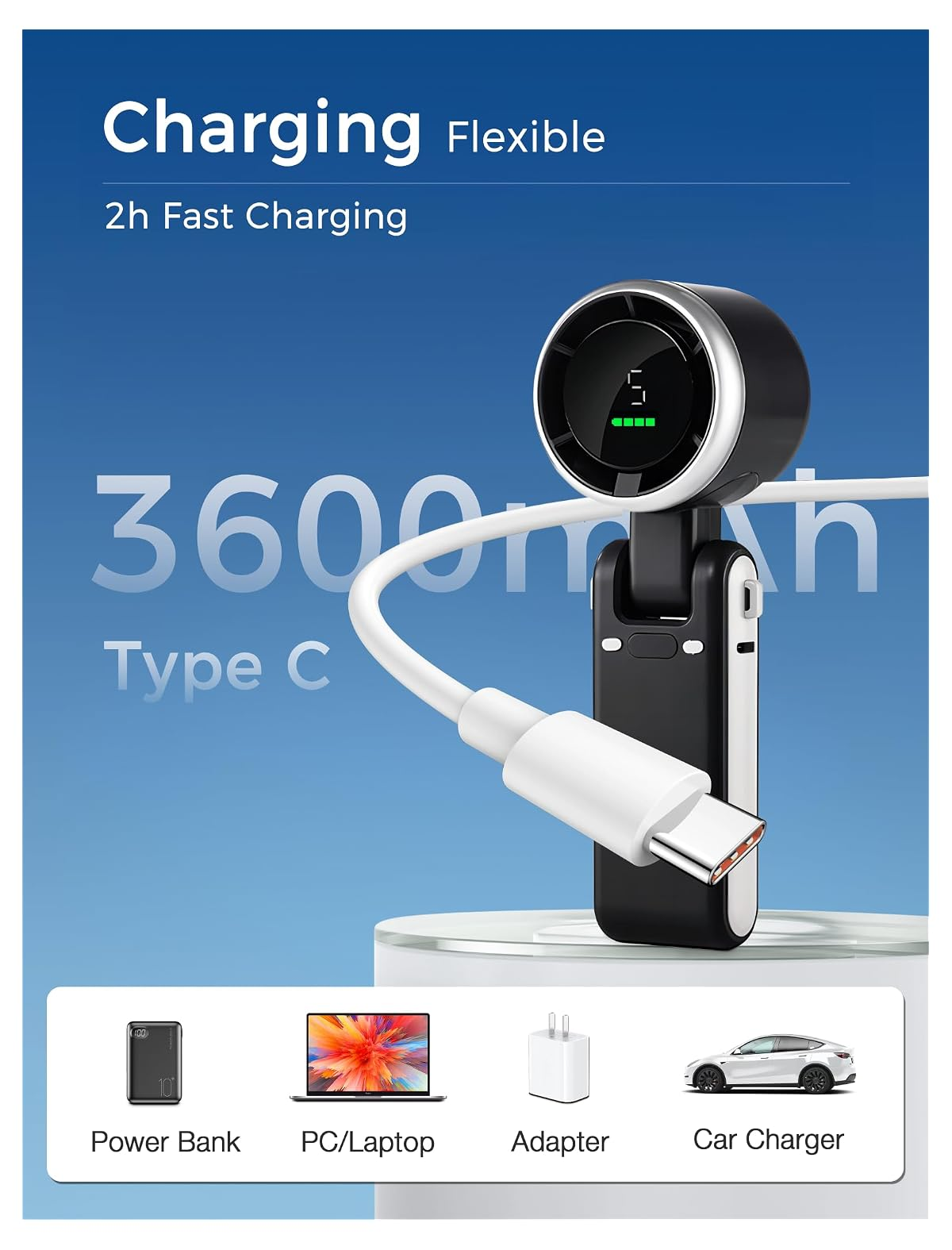 Schwarzes Typ-C-Ladegerät mit digitaler Anzeige und Kabel auf blauem Hintergrund mit Symbolen für kompatible Geräte.