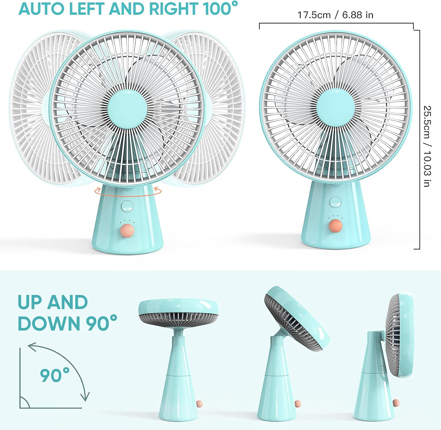 Diagramm zeigt die Oszillation von 100 Grad und Neigung von 90 Grad sowie Abmessungen eines blauen Tischventilators.