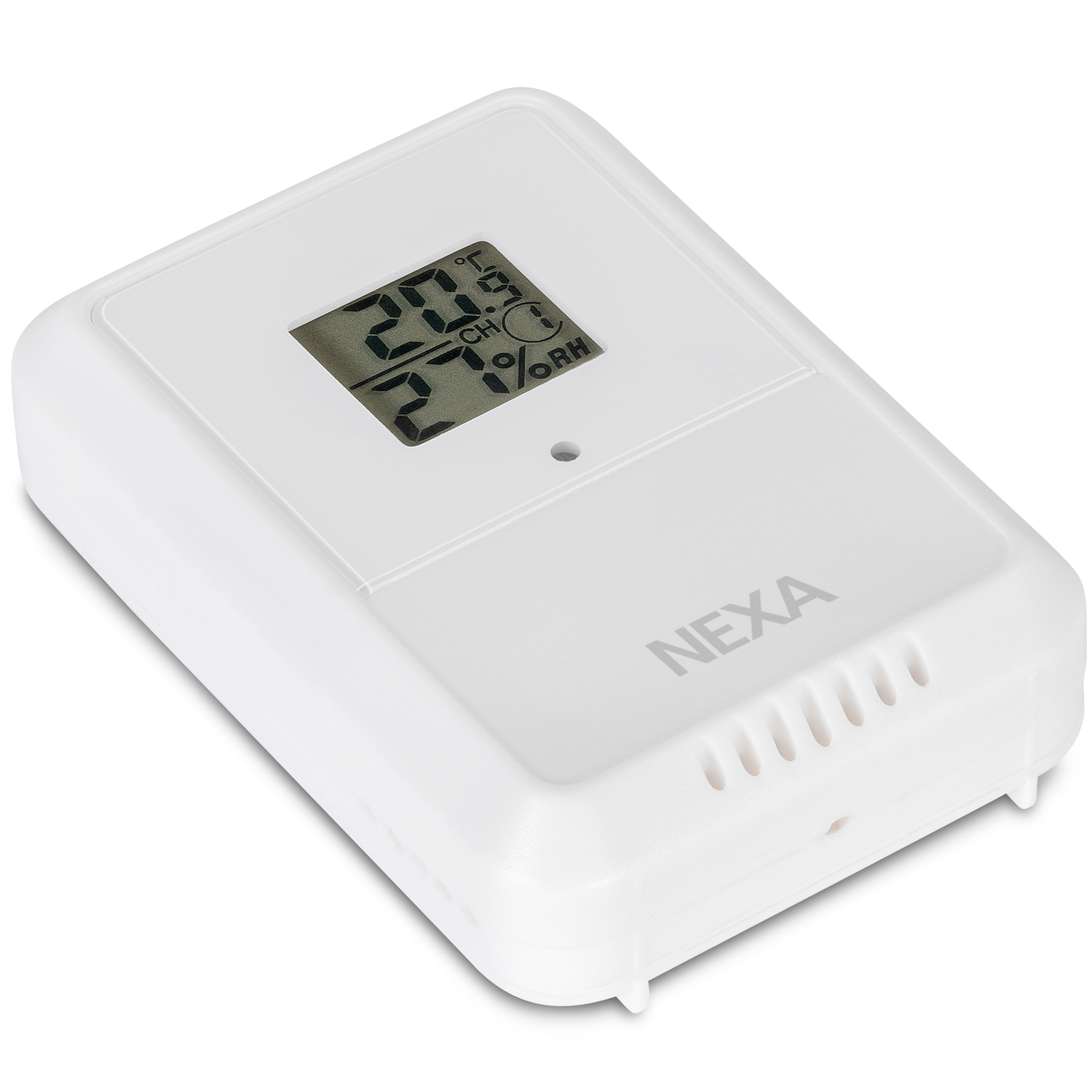 Ein weißes digitales Nexa Thermometer und Hygrometer mit LCD-Bildschirm auf weißem Hintergrund.
