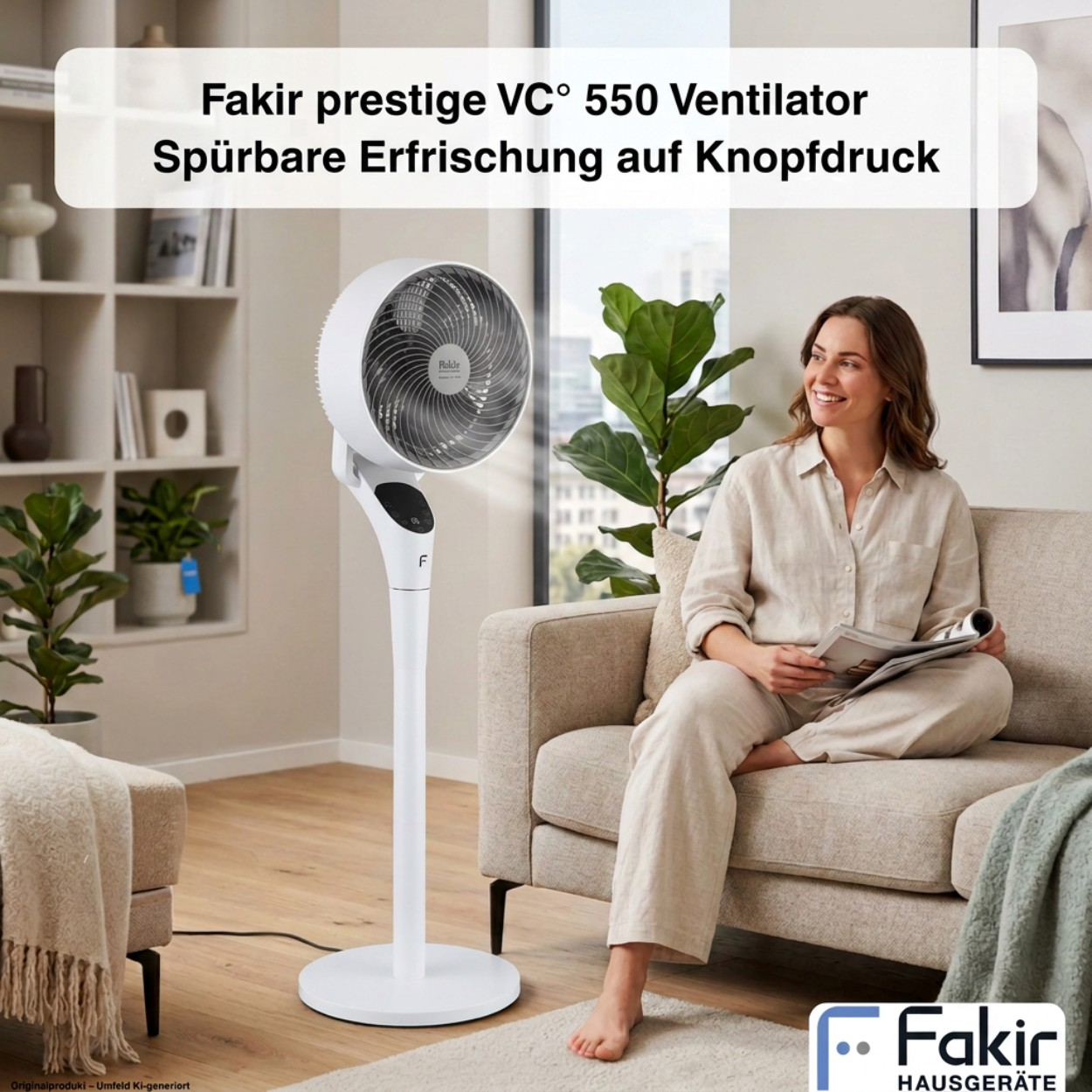 Eine Frau sitzt auf einem Sofa, während ein weißer Standventilator im Raum steht.