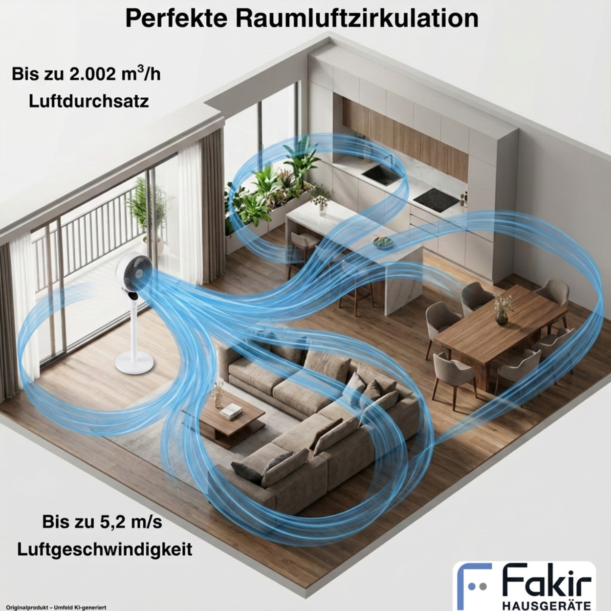Ein weißer Standventilator zirkuliert Luft in einem modernen Wohnbereich mit Küche und Esszimmer.