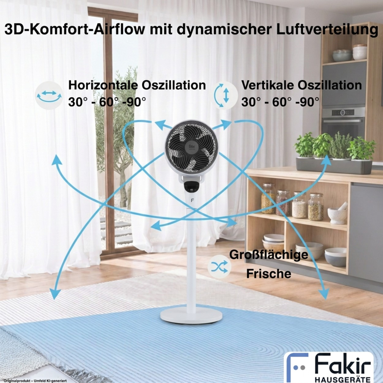Ein weißer Standventilator in einem Raum zeigt blaue Pfeile für horizontale und vertikale Oszillation.