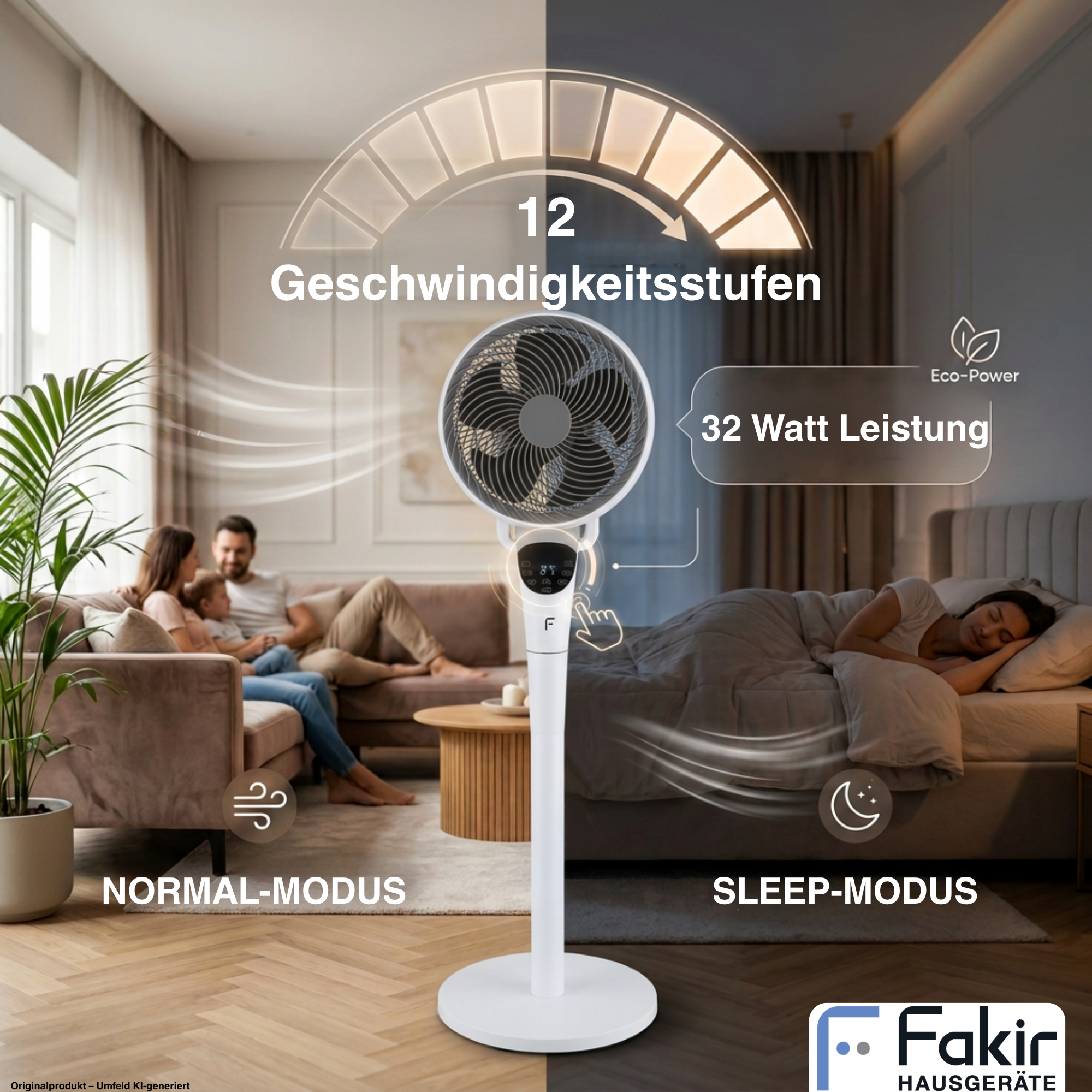 Ein weißer Standventilator in einem Raum zeigt Funktionen wie Geschwindigkeitsstufen und den Sleep-Modus.