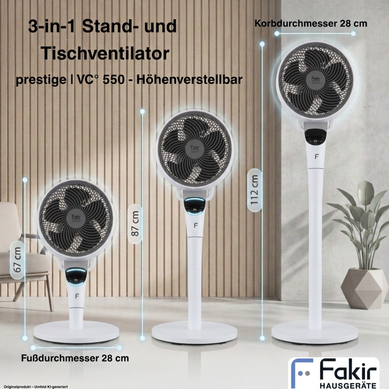 Drei weiße Stand- und Tischventilatoren in verschiedenen Höhen von 67 cm, 87 cm und 112 cm mit Holzwandhintergrund.