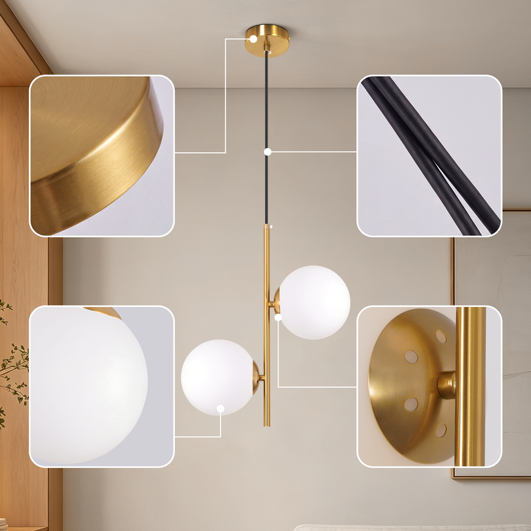Moderne Hängeleuchte mit goldenem Rahmen und zwei weißen Glaskugeln, mit Detailaufnahmen.