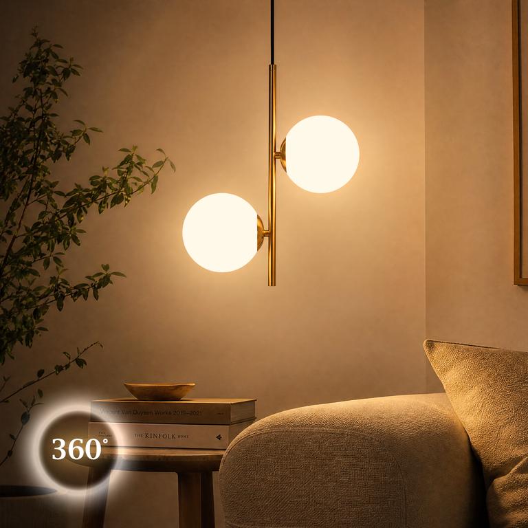 Moderne goldene Pendelleuchte mit zwei runden Glaskugeln über einem Sofa und Beistelltisch.