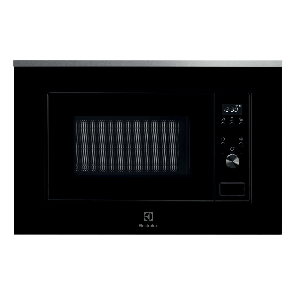 Microondas empotrable Electrolux negro con pantalla digital, botones de acero inoxidable y tirador gris plateado.