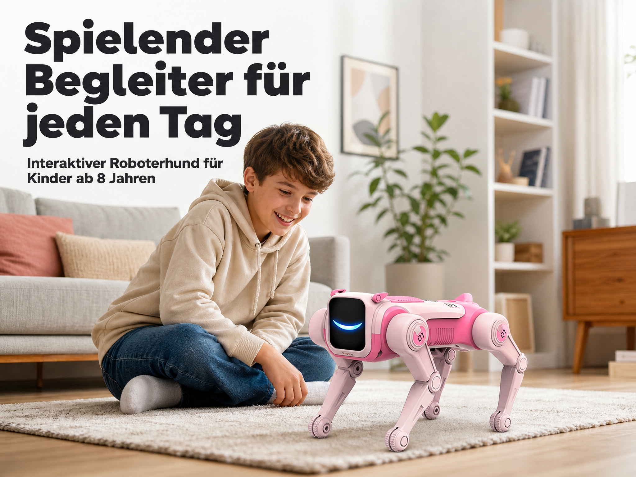 Ein Junge sitzt auf einem Teppich und spielt mit einem rosafarbenen Roboterhund in einem gemütlichen Wohnzimmer.