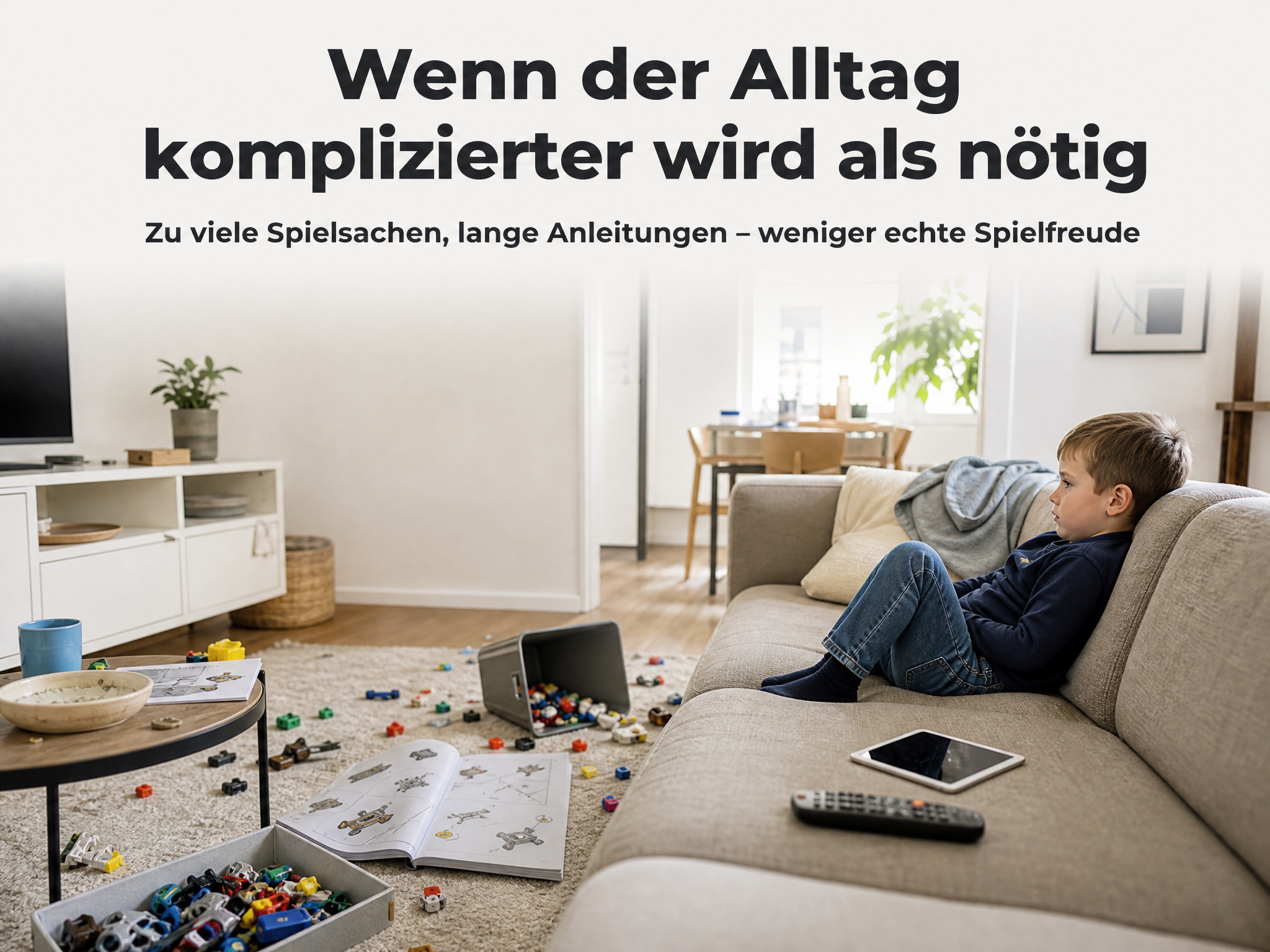 Ein Junge sitzt auf einem unordentlichen Wohnzimmersofa, umgeben von Spielzeug und Anleitungen.