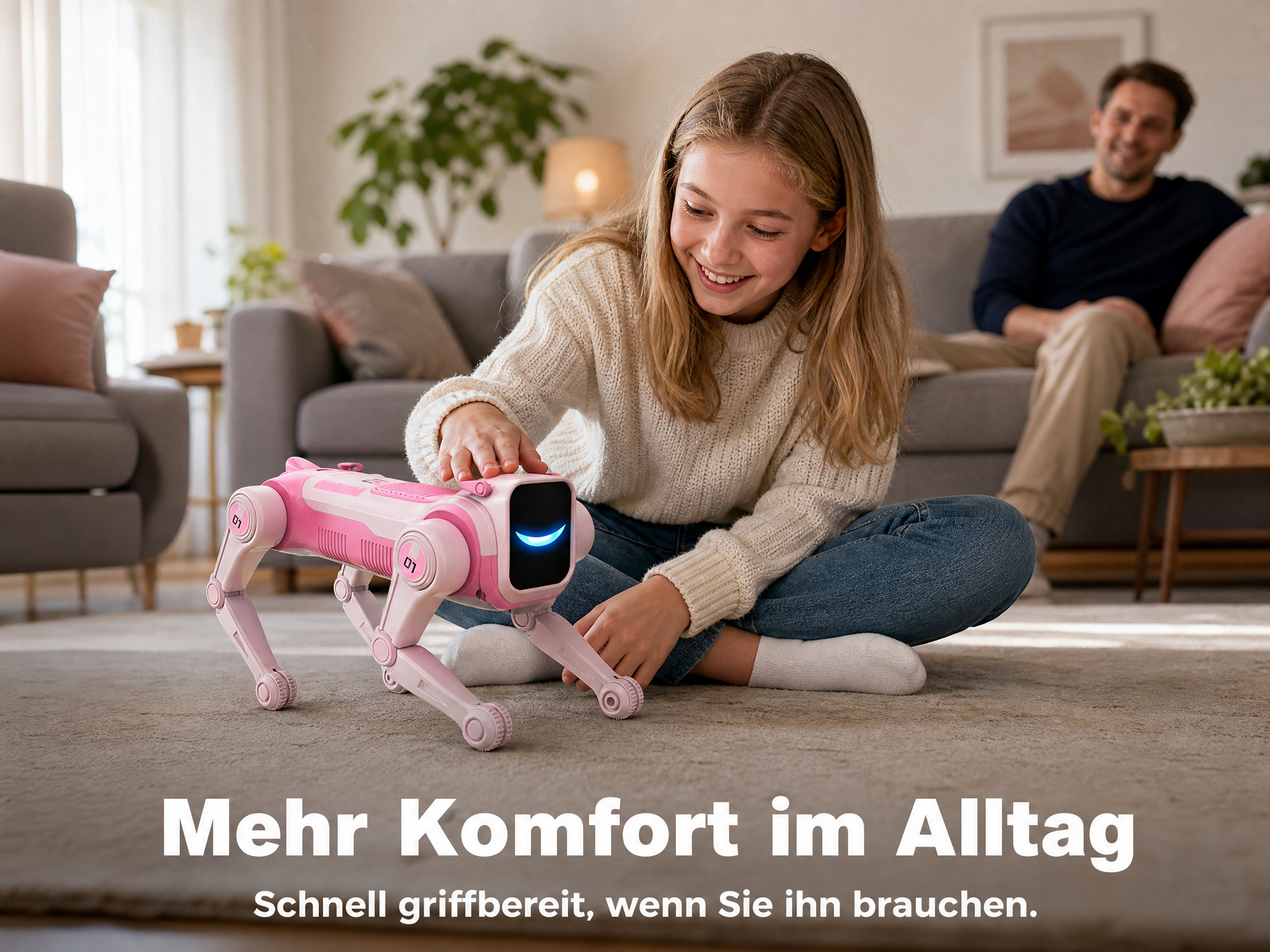 Ein Mädchen sitzt im Wohnzimmer auf dem Boden und spielt mit einem rosafarbenen Roboterhund.