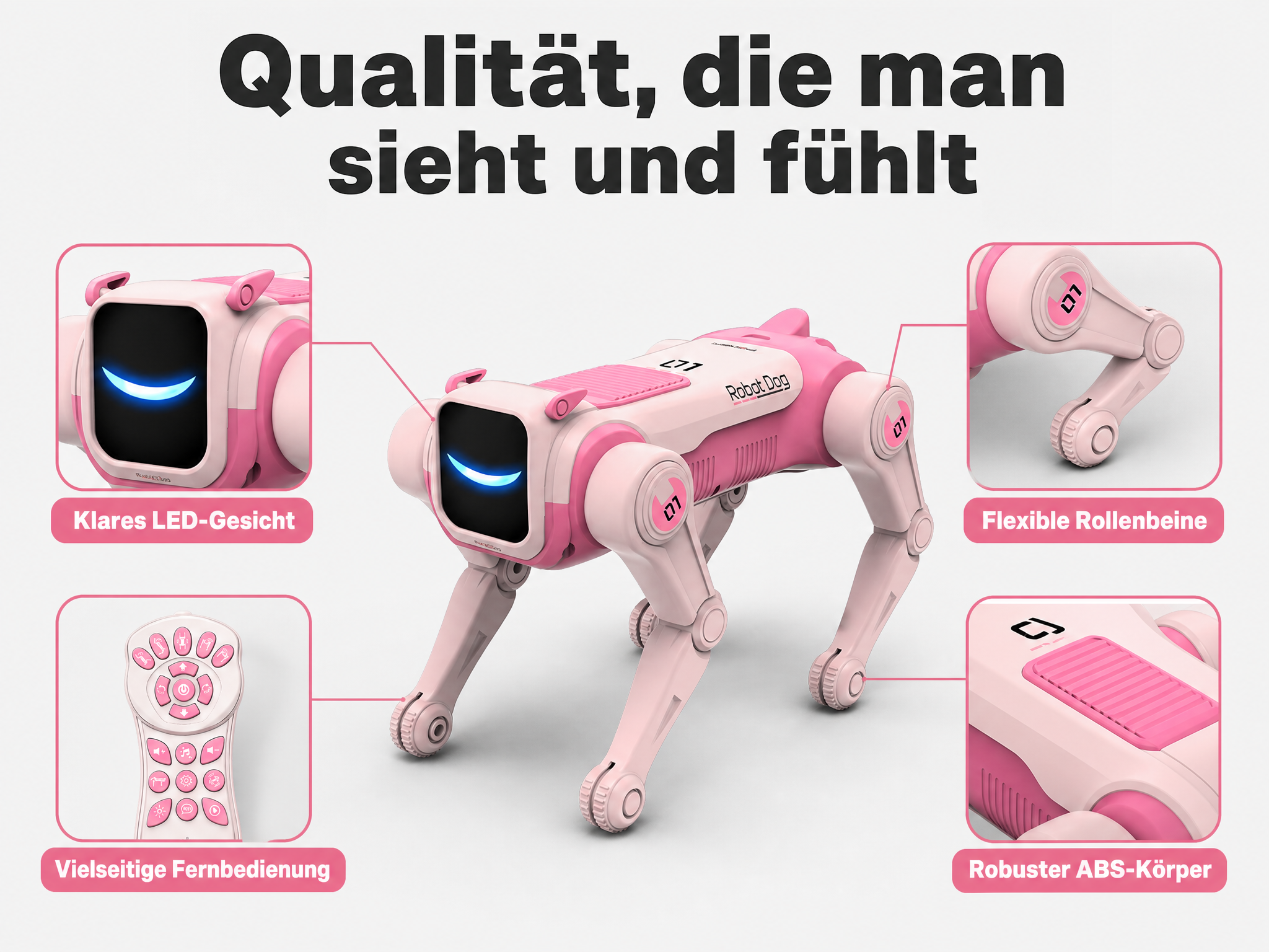 Rosa Roboterhund mit LED-Gesicht, flexiblen Rollbeinen, Fernbedienung und robustem ABS-Körper.