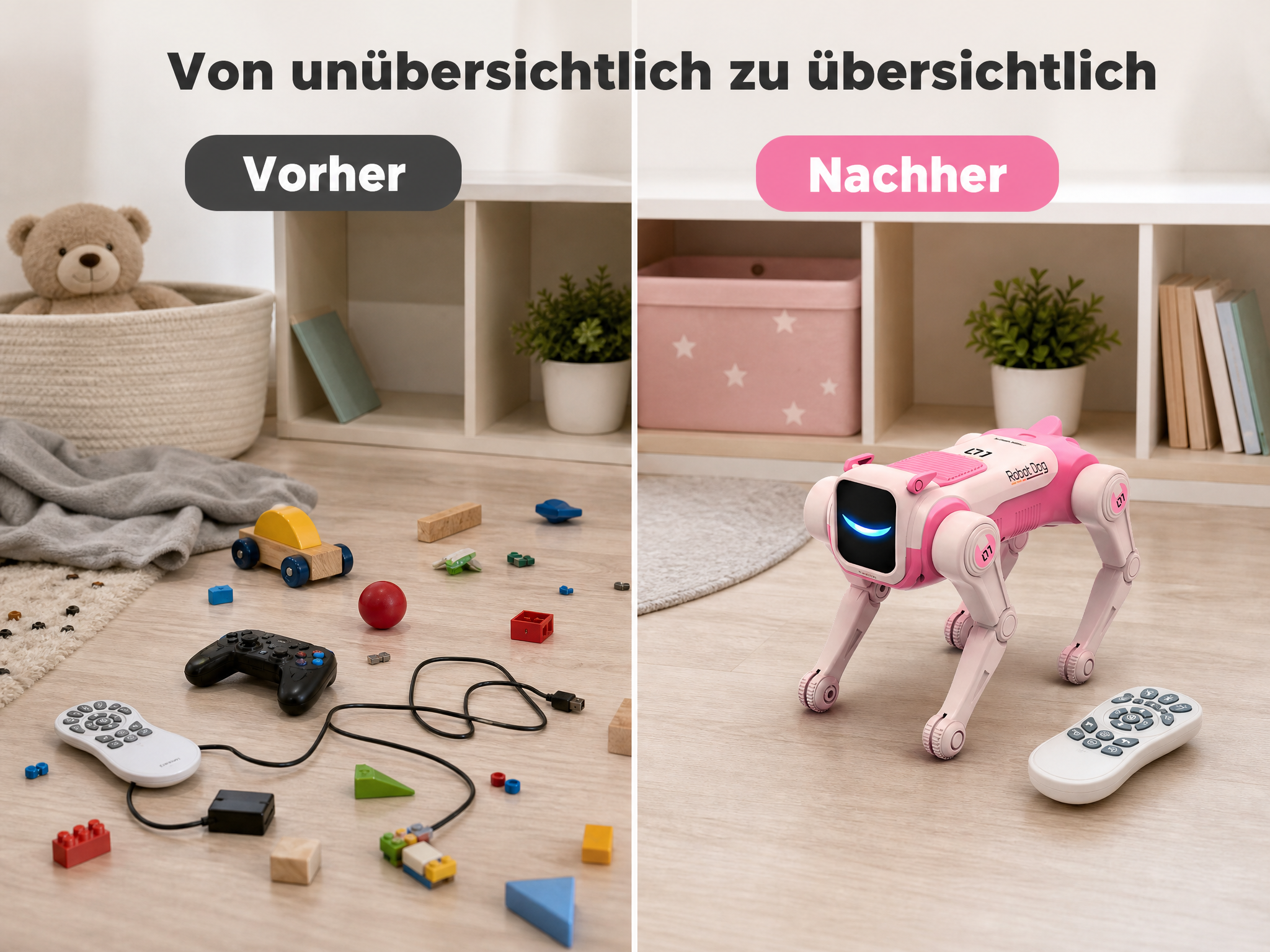 Vorher-Nachher-Vergleich: Ein unordentliches Zimmer mit Spielzeug und Kabeln wird zu einem aufgeräumten Raum mit Roboterhund.