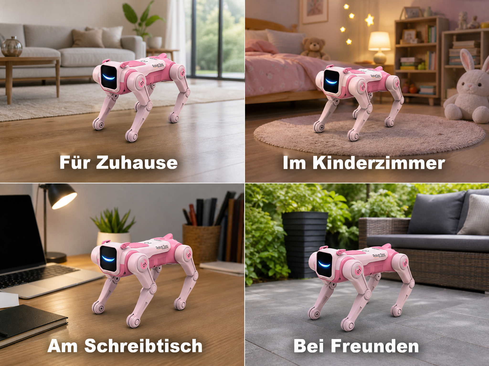 Vier Bilder zeigen den rosa Roboterhund in verschiedenen Umgebungen wie Wohnzimmer, Kinderzimmer, Schreibtisch und Garten.