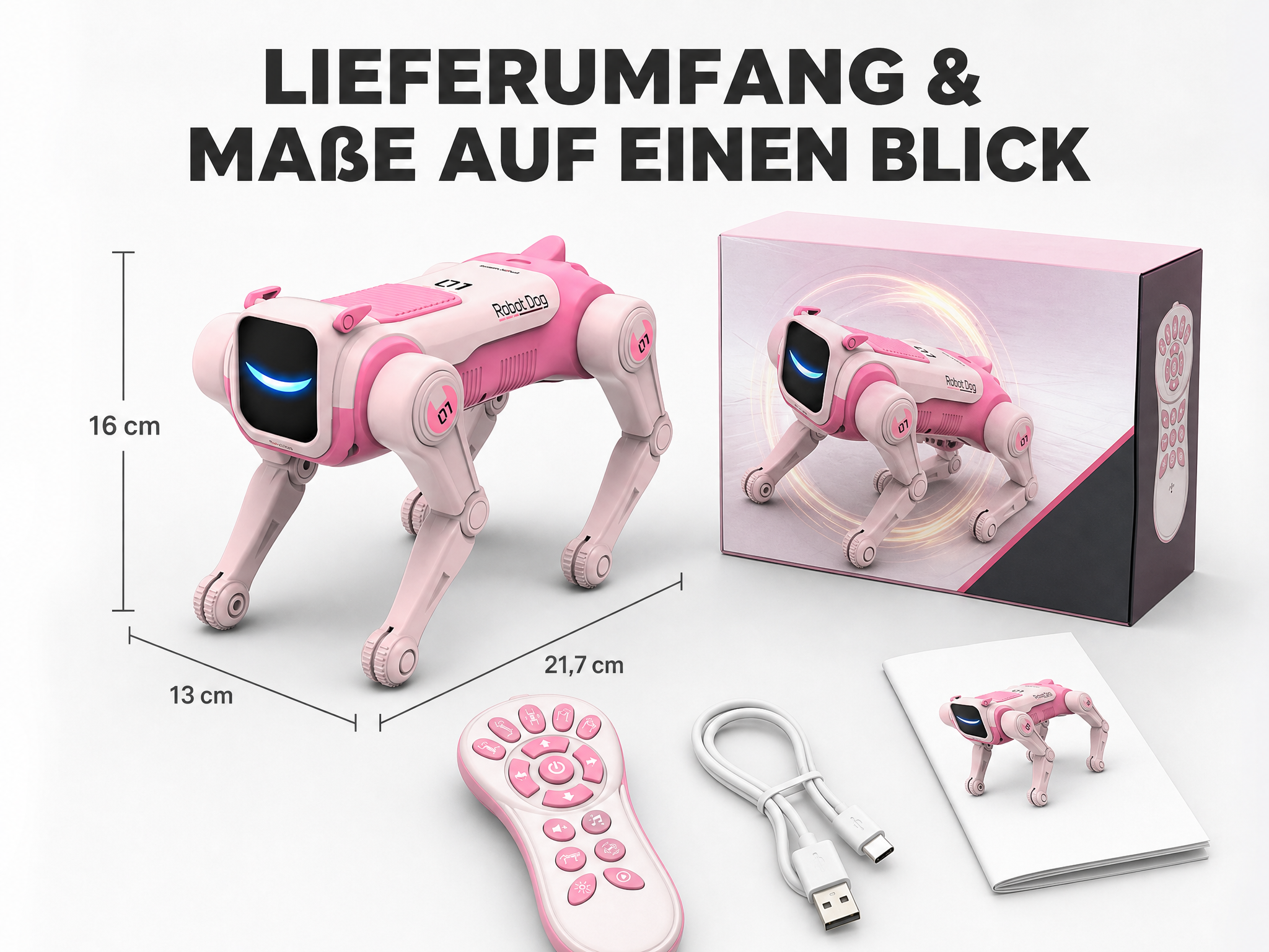 Rosa Roboterhund mit Fernbedienung, Ladekabel, Anleitung und Box samt Maßangaben.