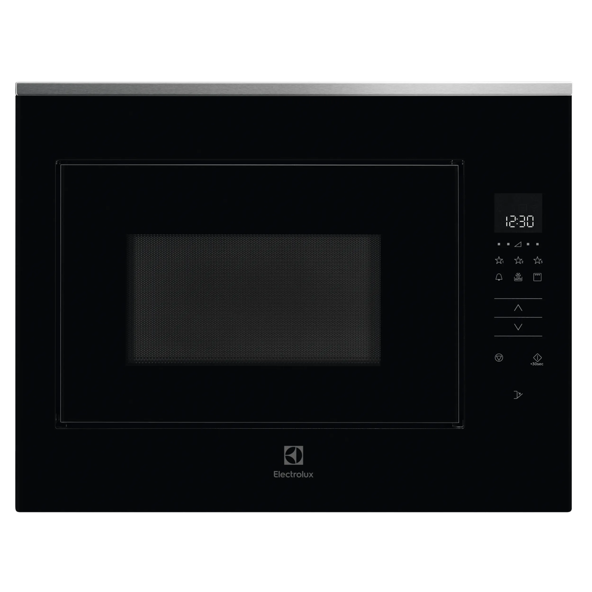 Microondas Electrolux negro con pantalla digital y panel de control táctil a la derecha.