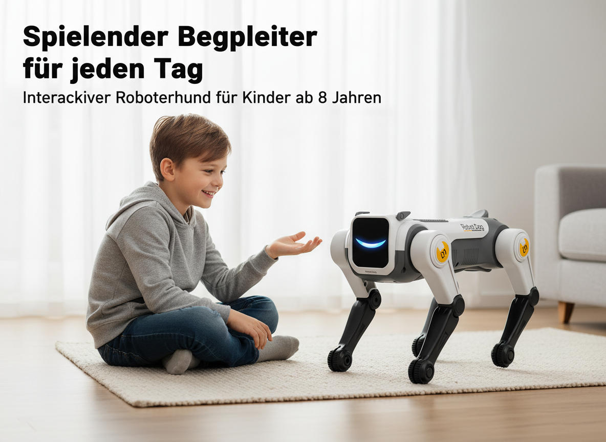 Ein Junge sitzt auf einem Teppich in einem hellen Zimmer, lächelt und hält einem weißen Roboterhund die Hand hin.