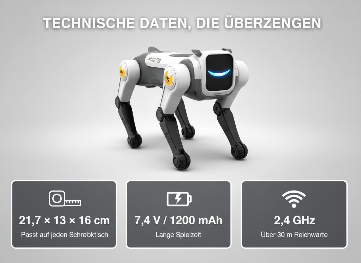 Weiß-schwarzer Roboterhund mit Leuchtdisplay, Größen-, Akku- und Funkdaten in drei Boxen unten.