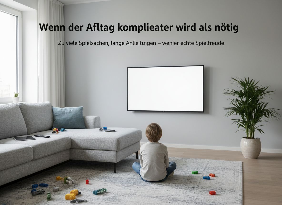 Kind sitzt auf dem Teppich vor einem Fernseher in einem Wohnzimmer mit grauer Couch und Text.