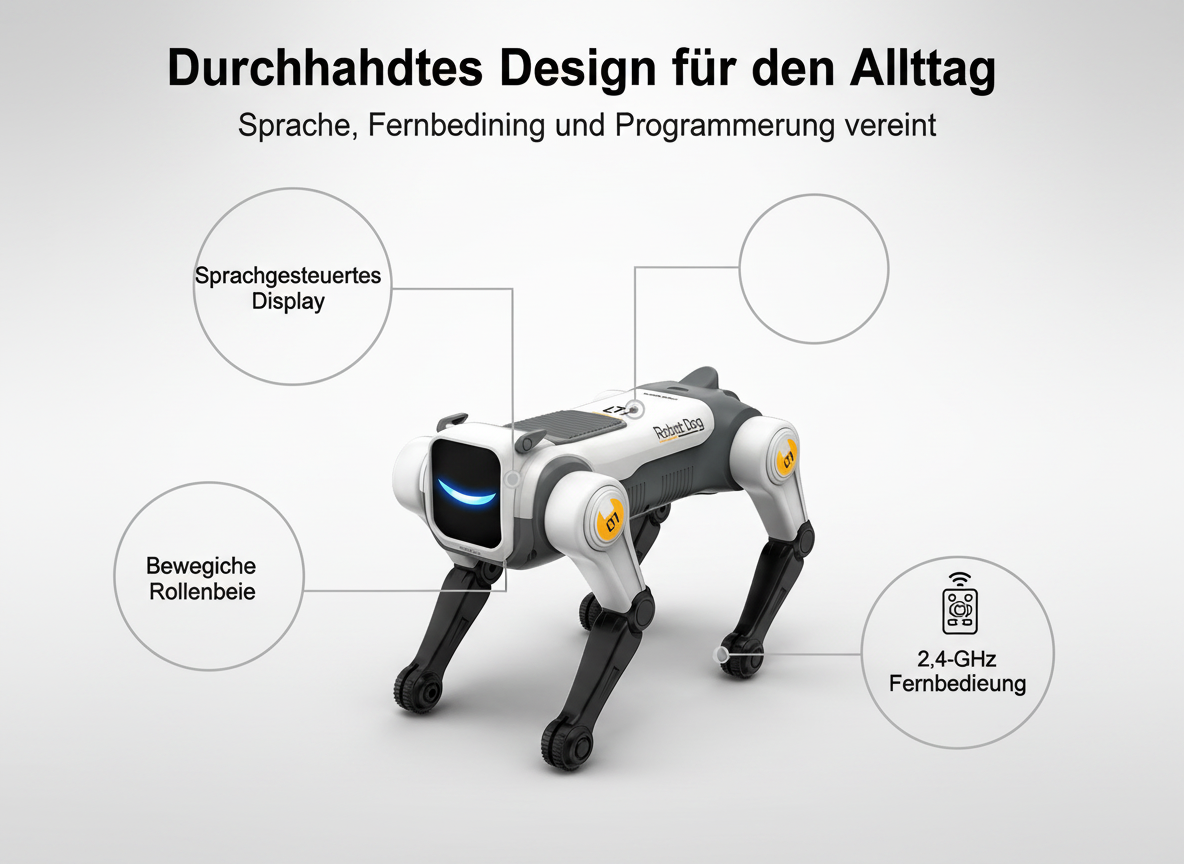 Ein weiß-grauer Roboterhund mit Display im Kopf und Rollenbeinen auf grauem Hintergrund mit Infotexten.