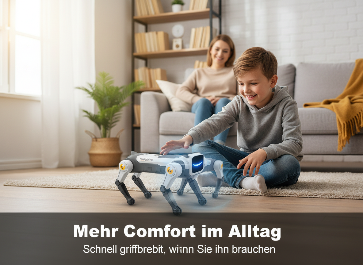 Ein Junge spielt im Wohnzimmer auf einem Teppich mit einem kleinen Roboterhund, während eine Frau im Hintergrund lächelt.