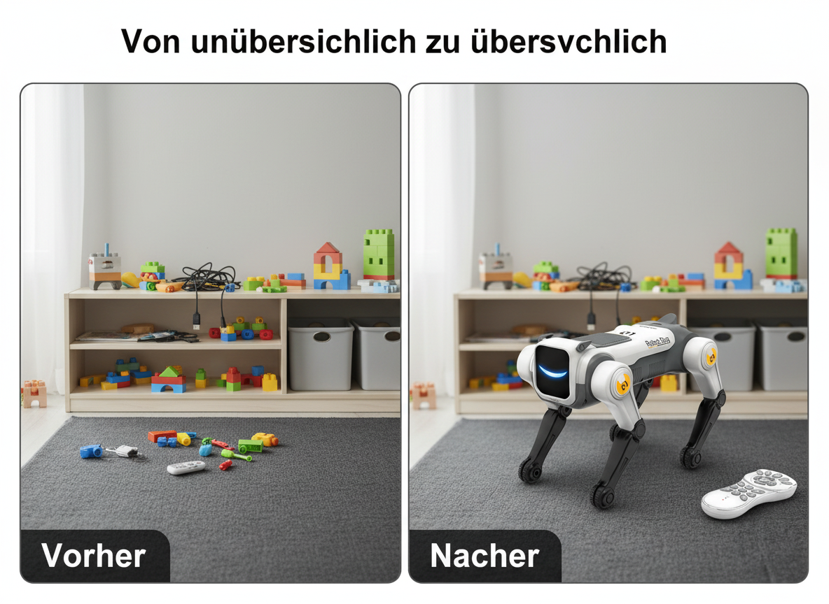 Vergleichsbild: Links ein unordentliches Kinderzimmer mit Spielzeug, rechts nachher aufgeräumt mit Roboterhund.
