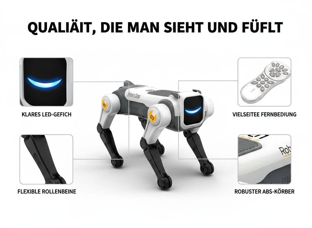 Ein weiß-grauer Roboterhund mit LED-Gesicht, Fernbedienung und flexiblen Beinen auf weißem Hintergrund.