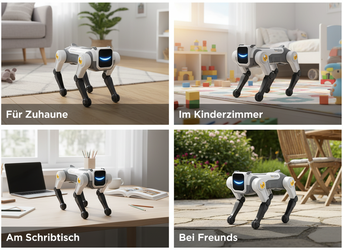 Vier Bilder zeigen den Roboterhund in verschiedenen Szenarien: Zuhause, im Kinderzimmer, am Schreibtisch und im Freien.