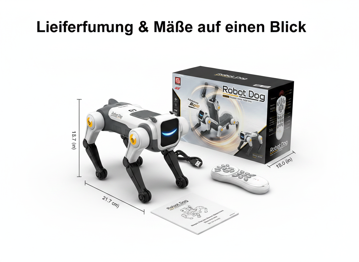 Roboterhund mit Verpackung, Fernbedienung, Ladekabel und Anleitung, mit Maßangaben versehen.