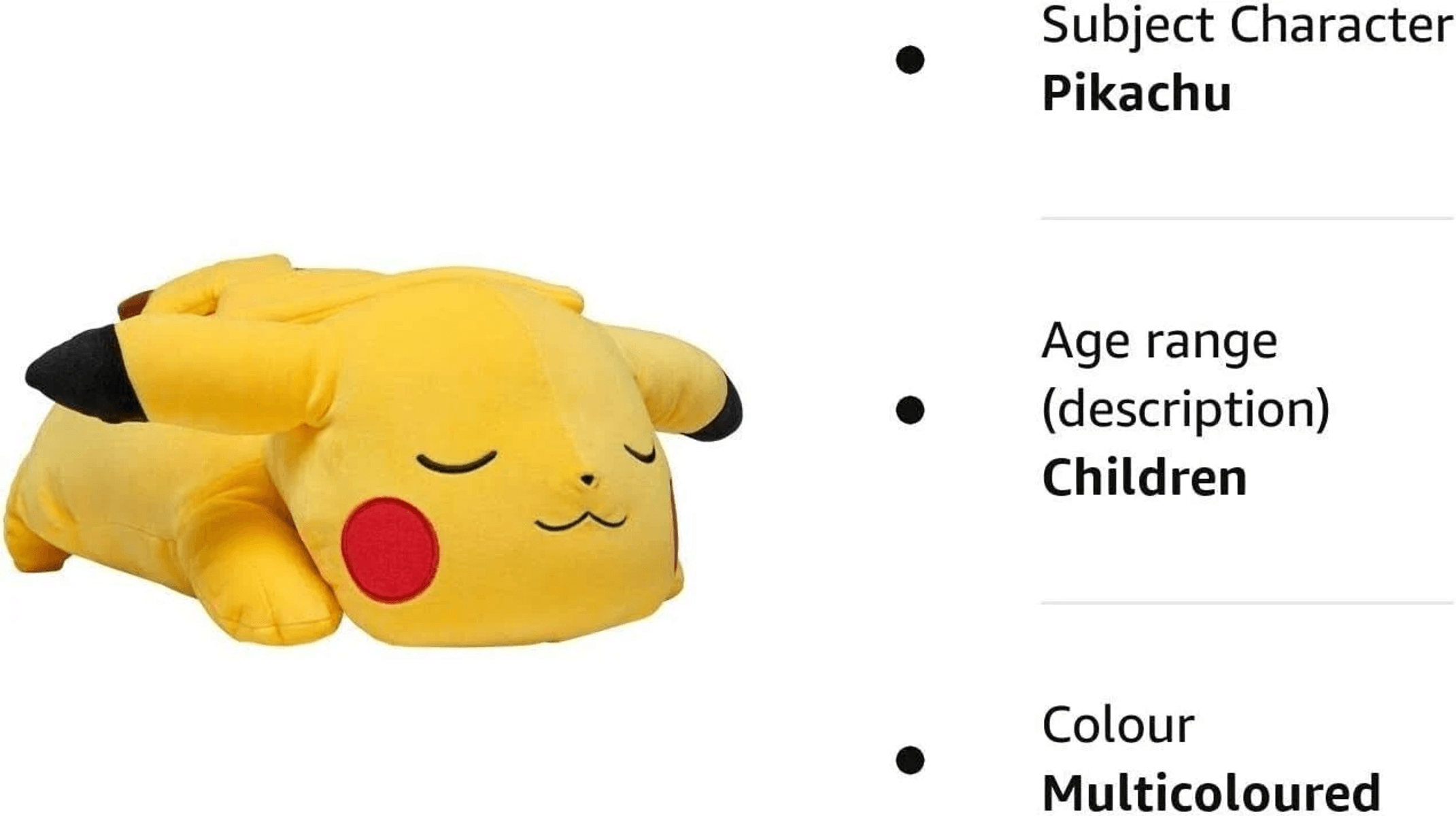 Ein gelbes, schlafendes Pikachu-Plüschtier mit roten Backen auf weißem Hintergrund, begleitet von Produktdetails.
