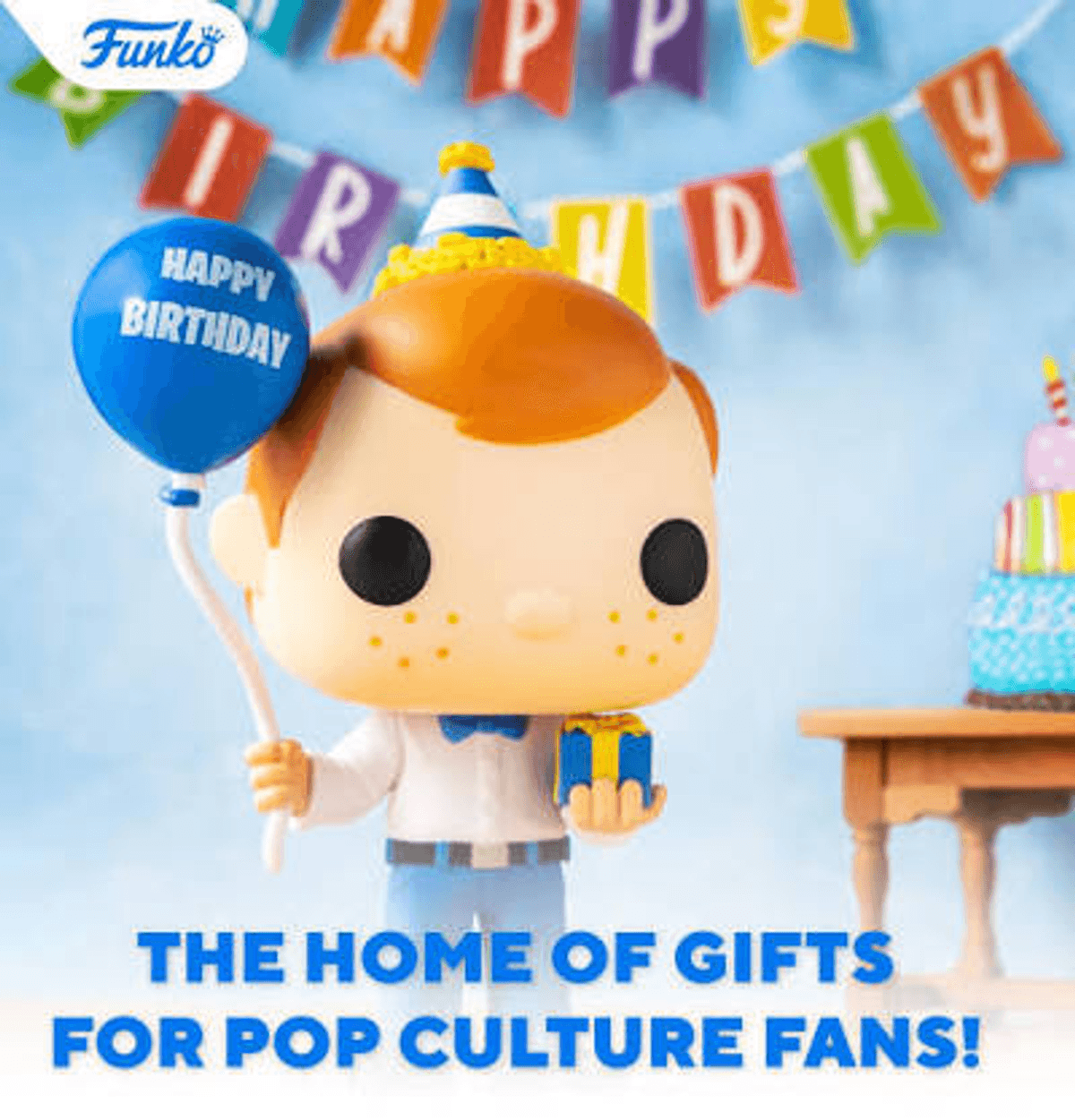 Figura Funko con cappello di compleanno, palloncino blu, regalo e banner Buon Compleanno.
