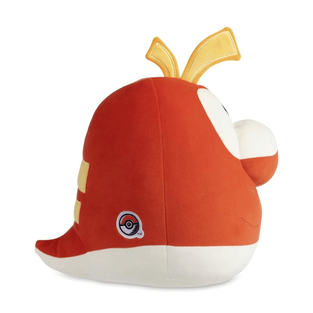 Seitenansicht eines roten und weißen Pokémon-Plüschtiers mit gelben Ohren und einem Pokébalken.