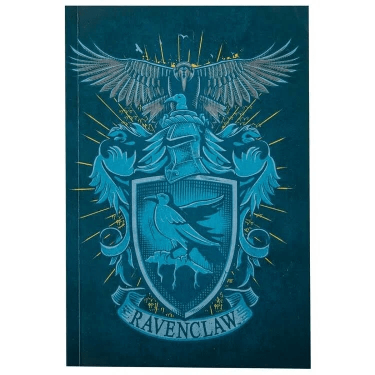 Blaues Ravenclaw-Wappen mit Adler, Schild und Banner vor dunklem Hintergrund.