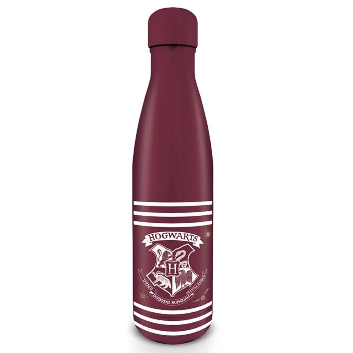 Eine dunkelrote Wasserflasche mit dem weißen Hogwarts-Wappen und Streifen auf weißem Hintergrund.