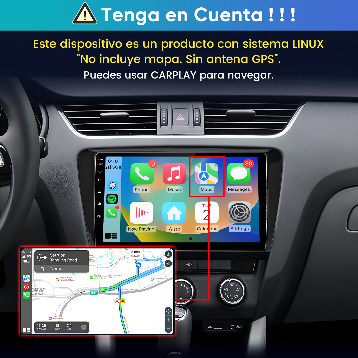 Estéreo de coche Linux con menú CarPlay y un mapa que señala la app Mapas.