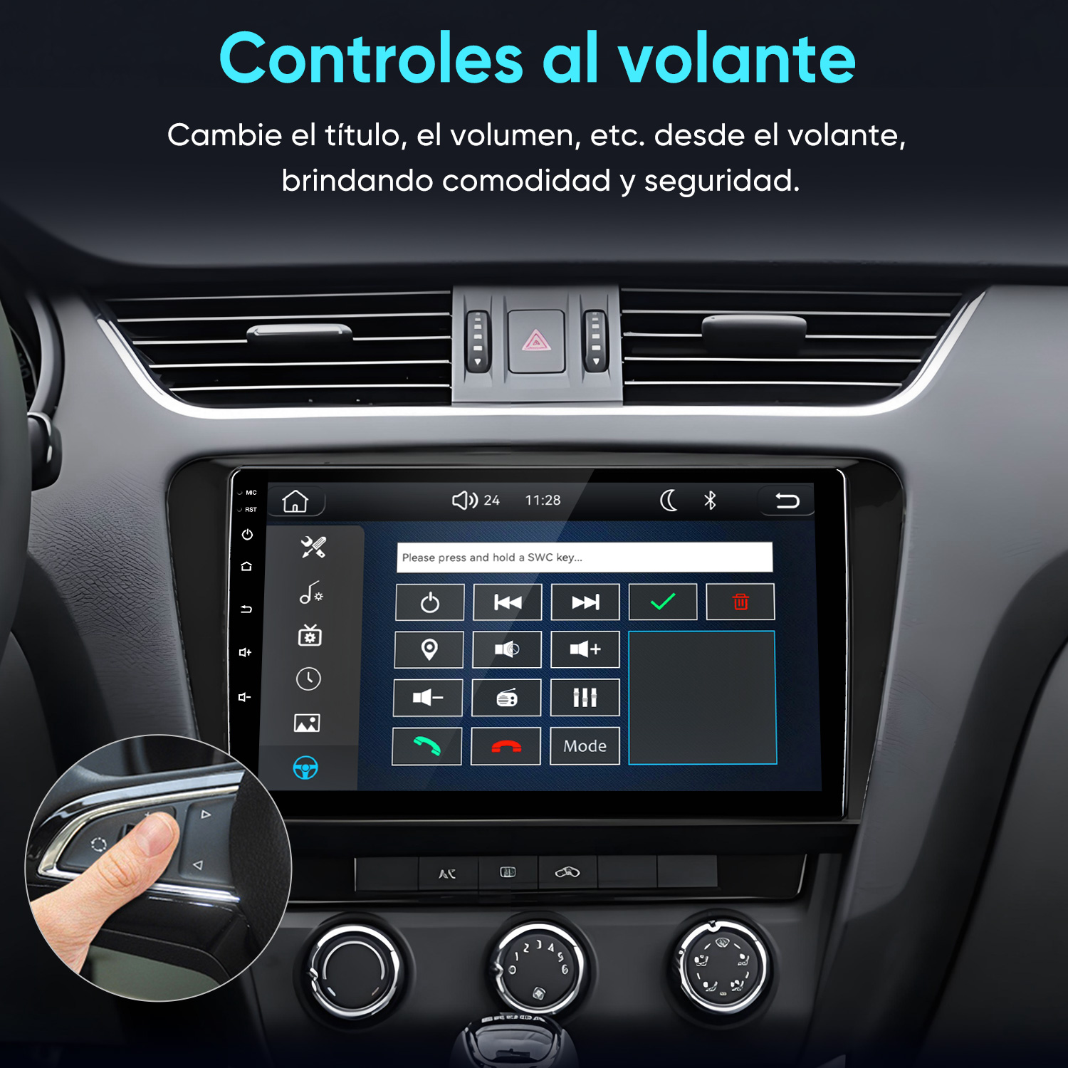 Una pantalla de infoentretenimiento muestra ajustes de control en el volante, con una inserción de una mano en él.