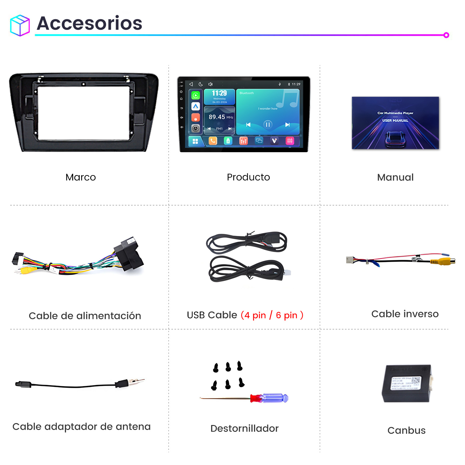 Cuadrícula de accesorios para coche incluyendo marco, pantalla, manual, cables, destornillador y canbus.
